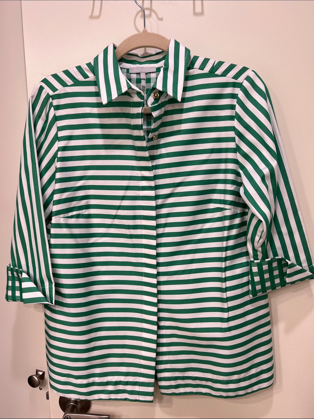 Green and White Striped Button-Front Blouse